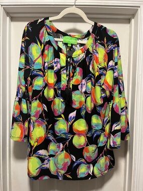 Lilly Pulitzer Black Multicolor Peach-Print Tassel Tie Peasant Top